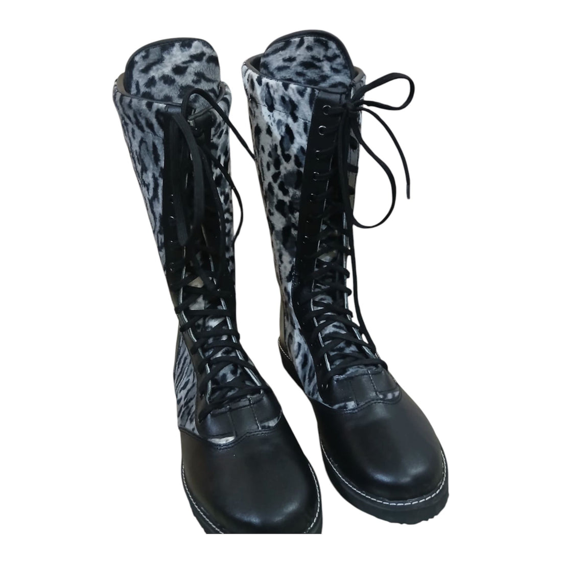 Pro Wrestling Boots Genuine Leather  with White Leopard Print fur