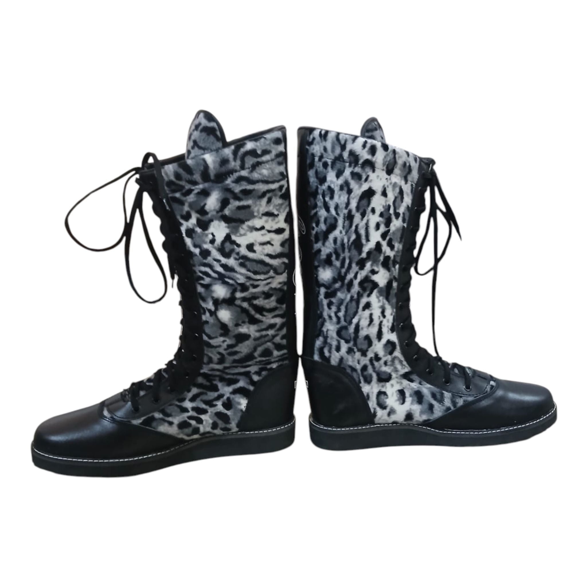 Pro Wrestling Boots Genuine Leather  with White Leopard Print fur