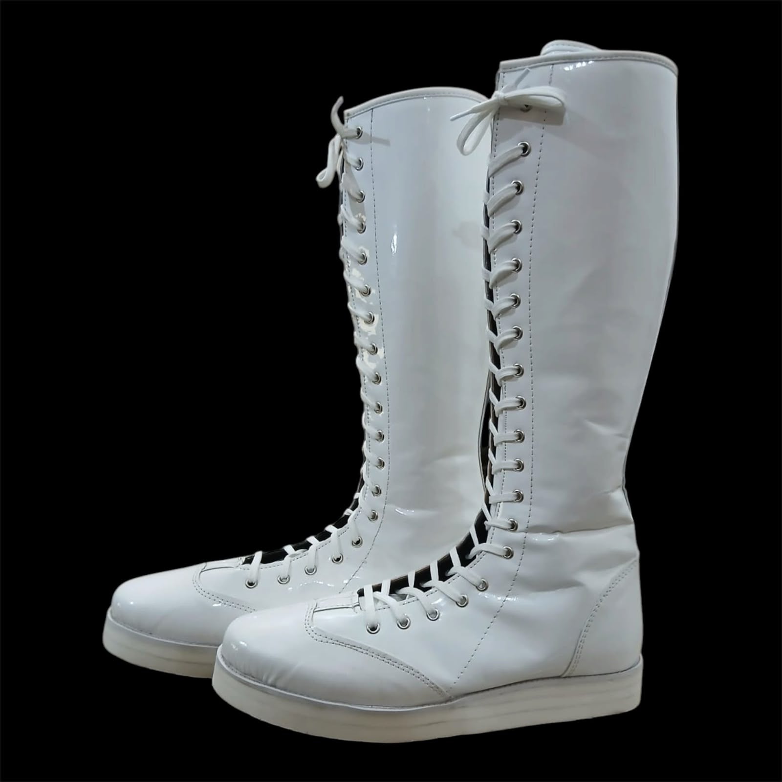 Pro Wrestling Boots, Handmade, Patent White Shinny Color, DX Leather