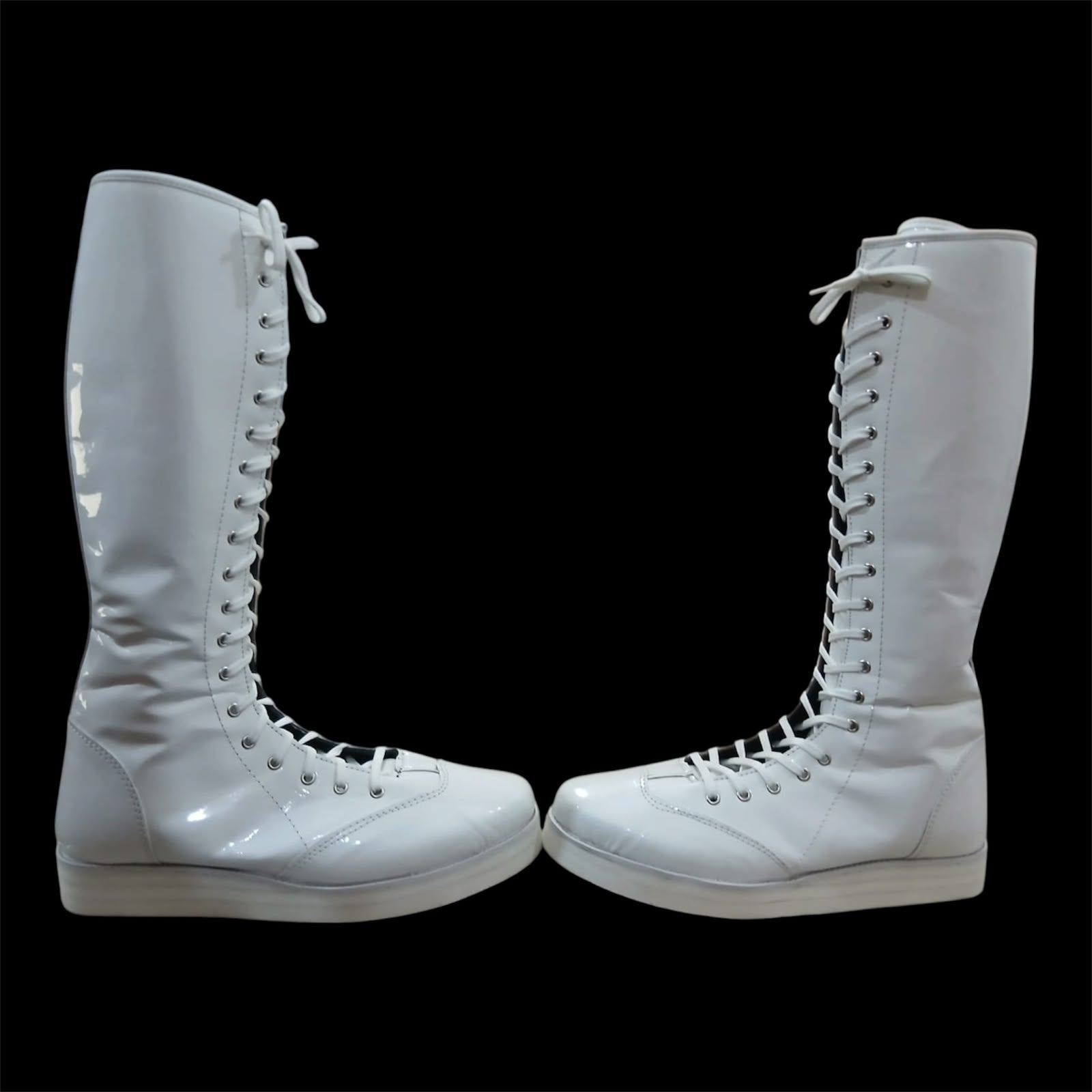 Pro Wrestling Boots, Handmade, Patent White Shinny Color, DX Leather