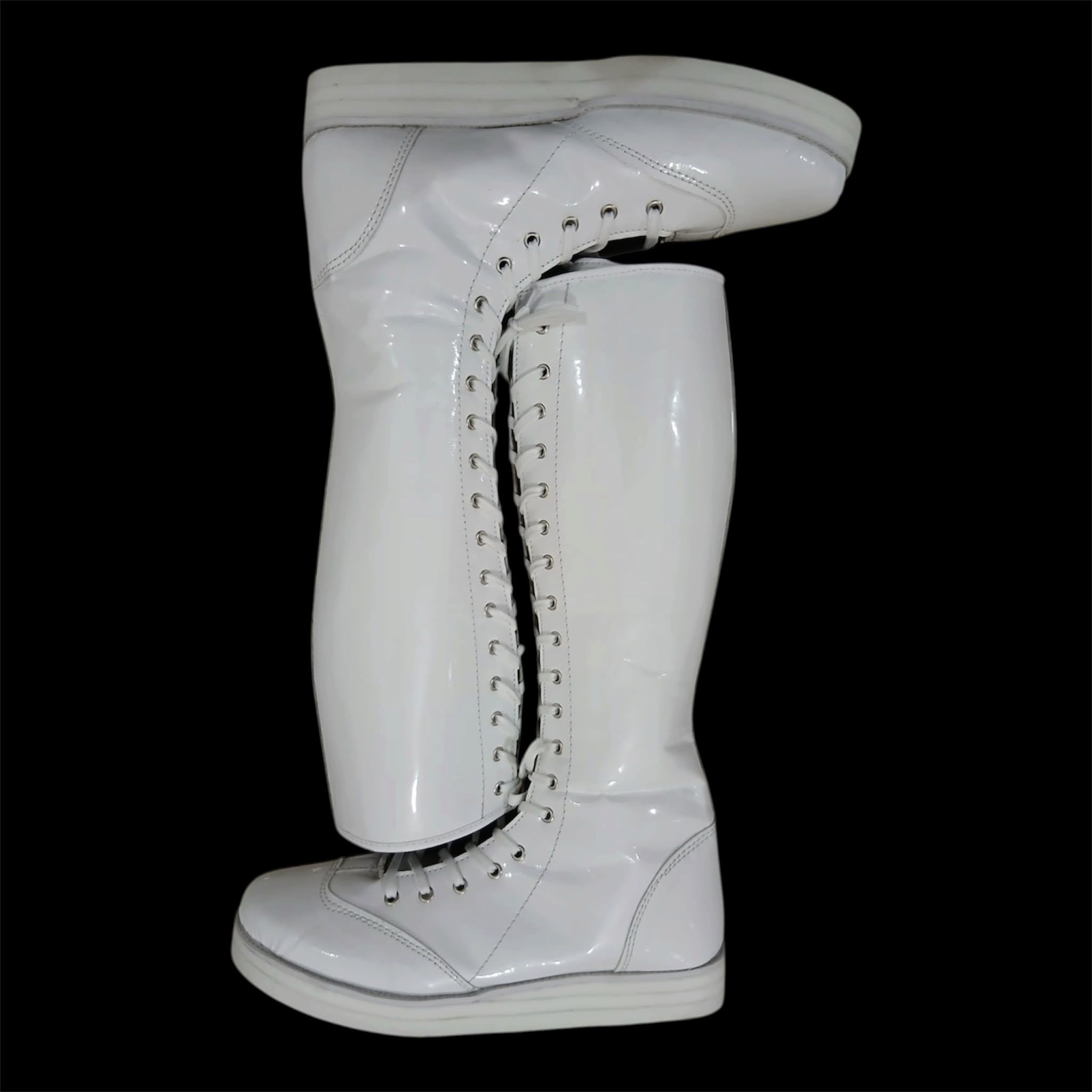 Pro Wrestling Boots, Handmade, Patent White Shinny Color, DX Leather