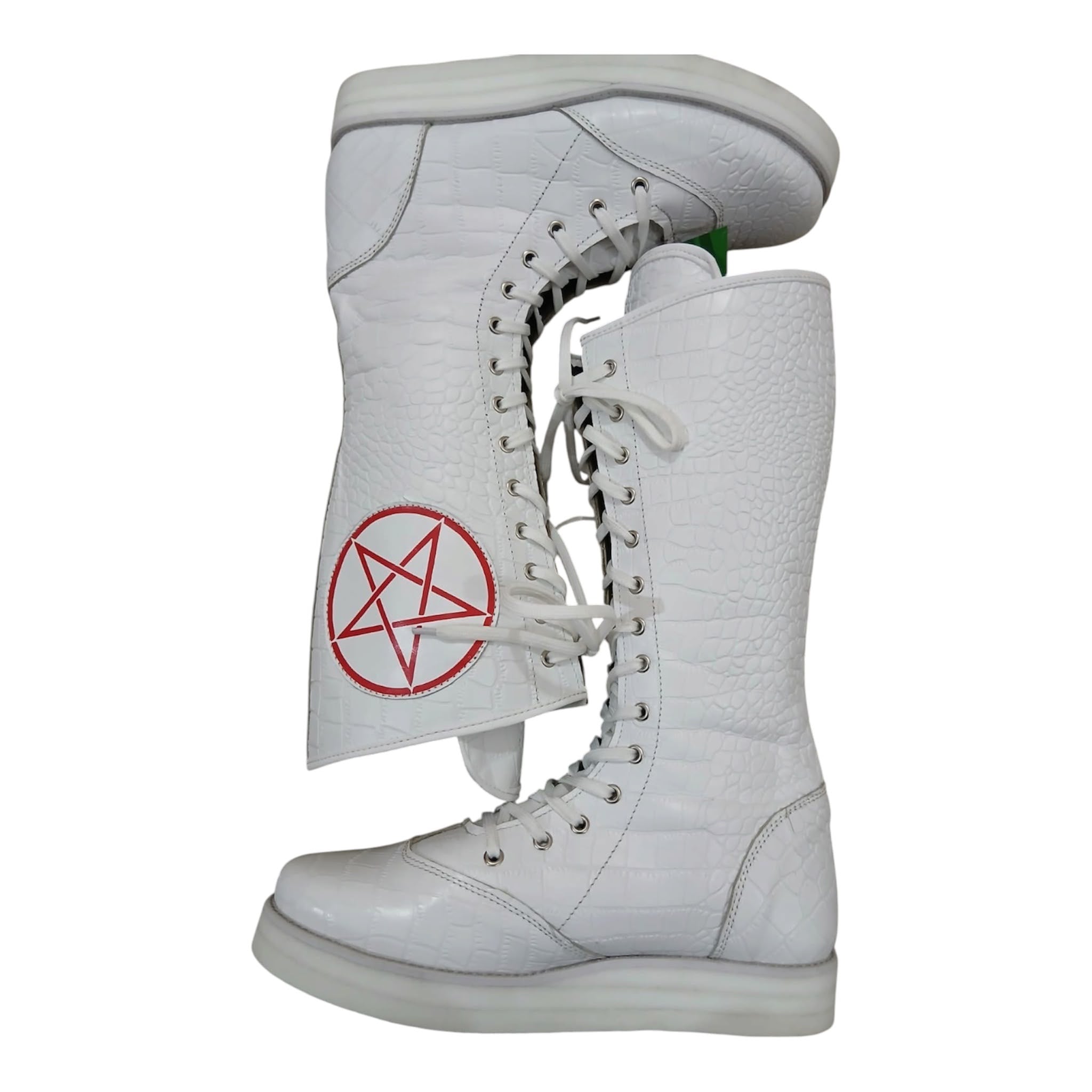 Pro Wrestling Boots, Handmade, 100% Original Leather, White Crocs Pattern, Customizable logo