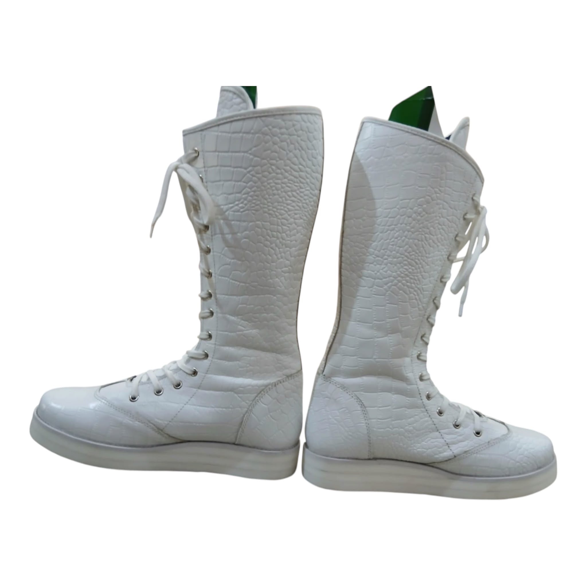 Pro Wrestling Boots, Handmade, 100% Original Leather, White Crocs Pattern, Customizable logo