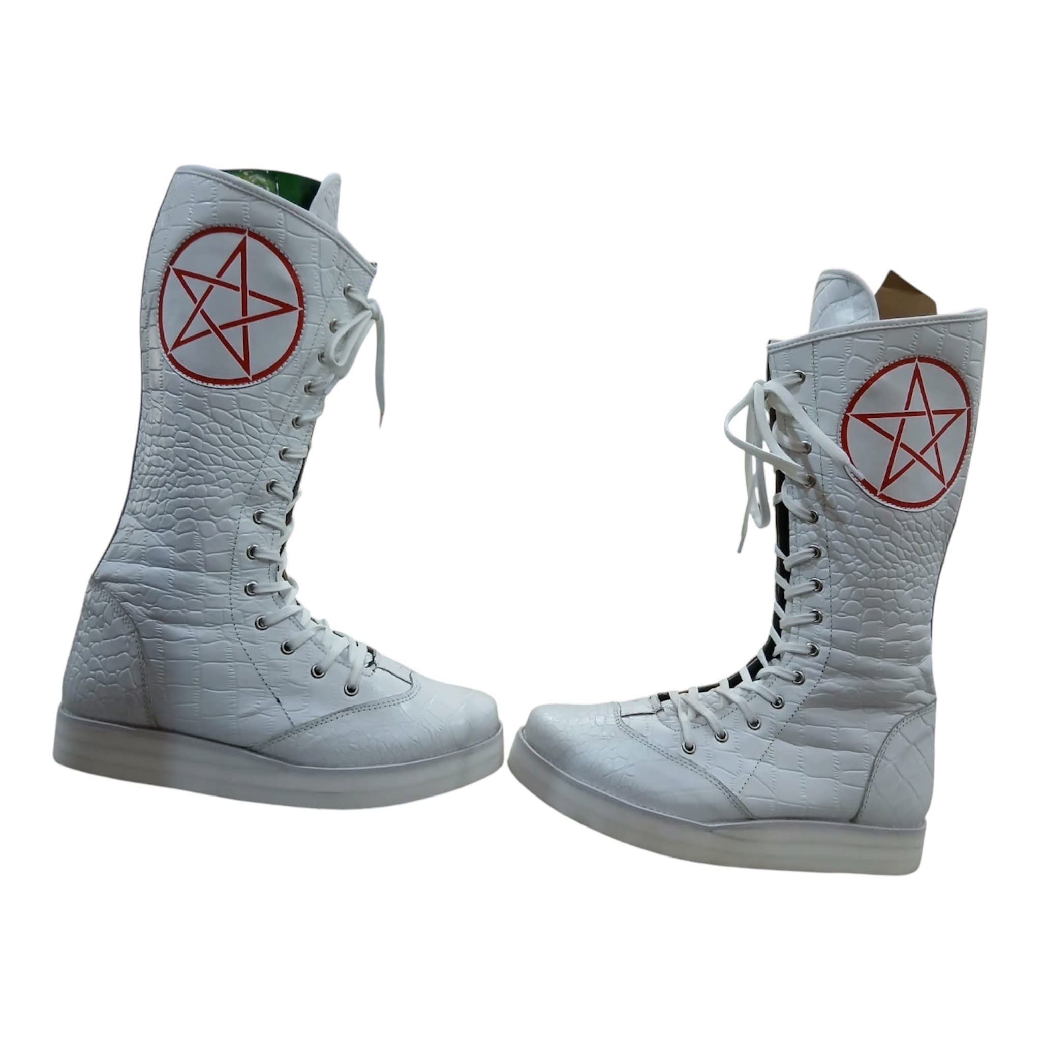 Pro Wrestling Boots, Handmade, 100% Original Leather, White Crocs Pattern, Customizable logo