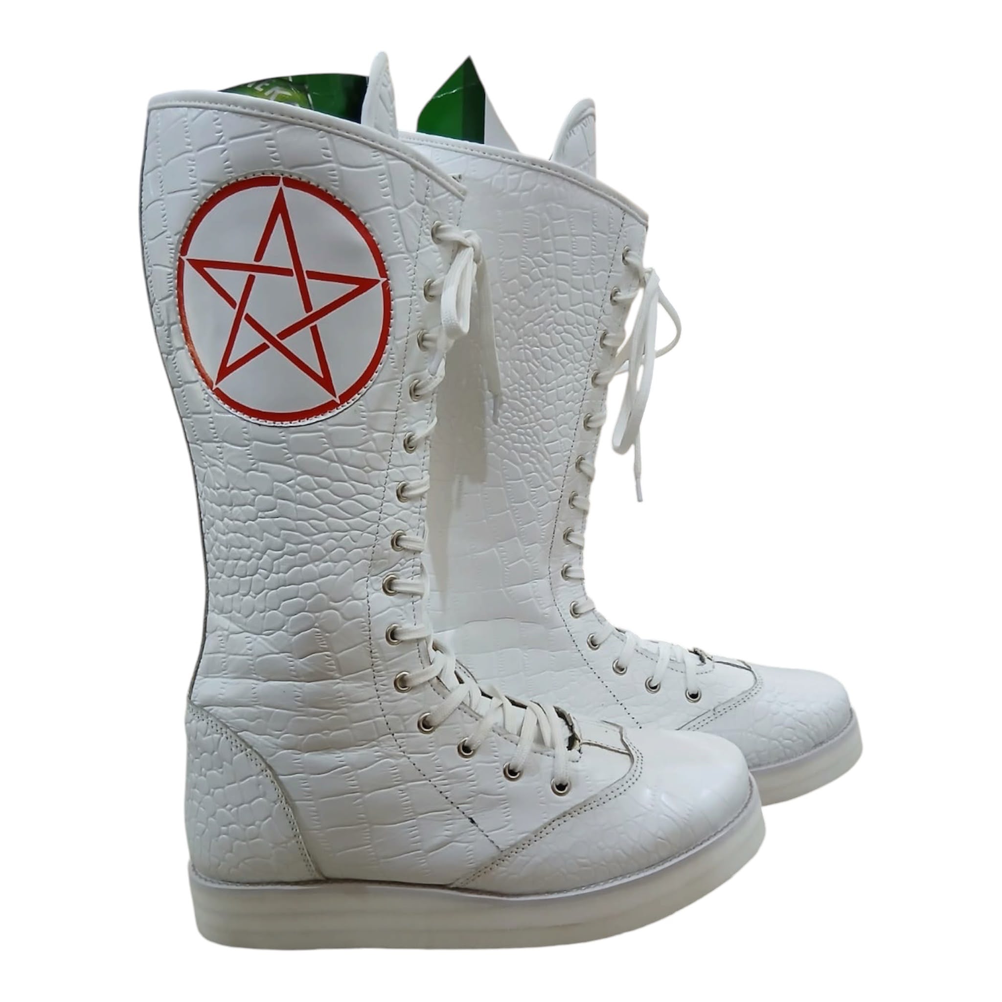 Pro Wrestling Boots, Handmade, 100% Original Leather, White Crocs Pattern, Customizable logo