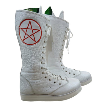 Pro Wrestling Boots, Handmade, 100% Original Leather, White Crocs Pattern, Customizable logo