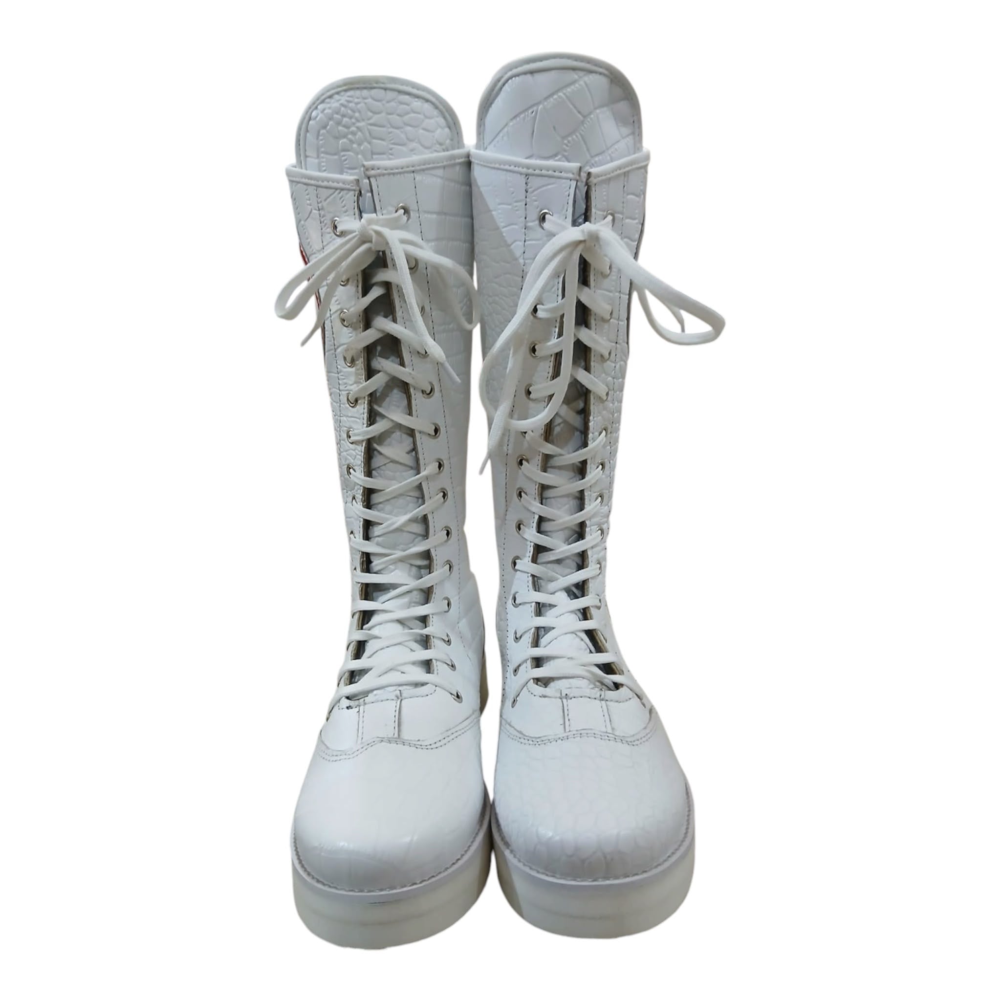 Pro Wrestling Boots, Handmade, 100% Original Leather, White Crocs Pattern, Customizable logo