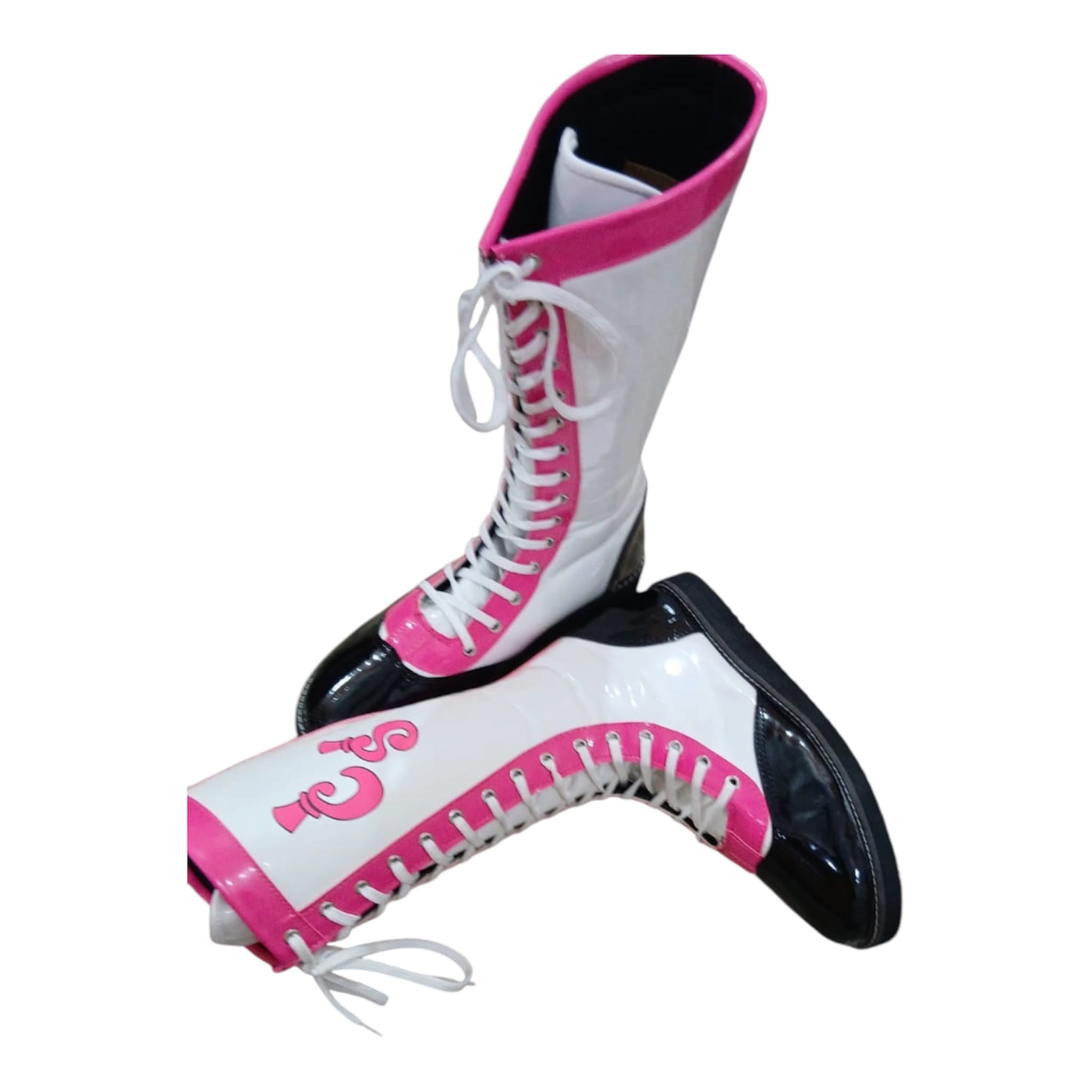 Pro Wrestling Boots, Handmade , Patent Leather, Pink, White & Black Custom Logo
