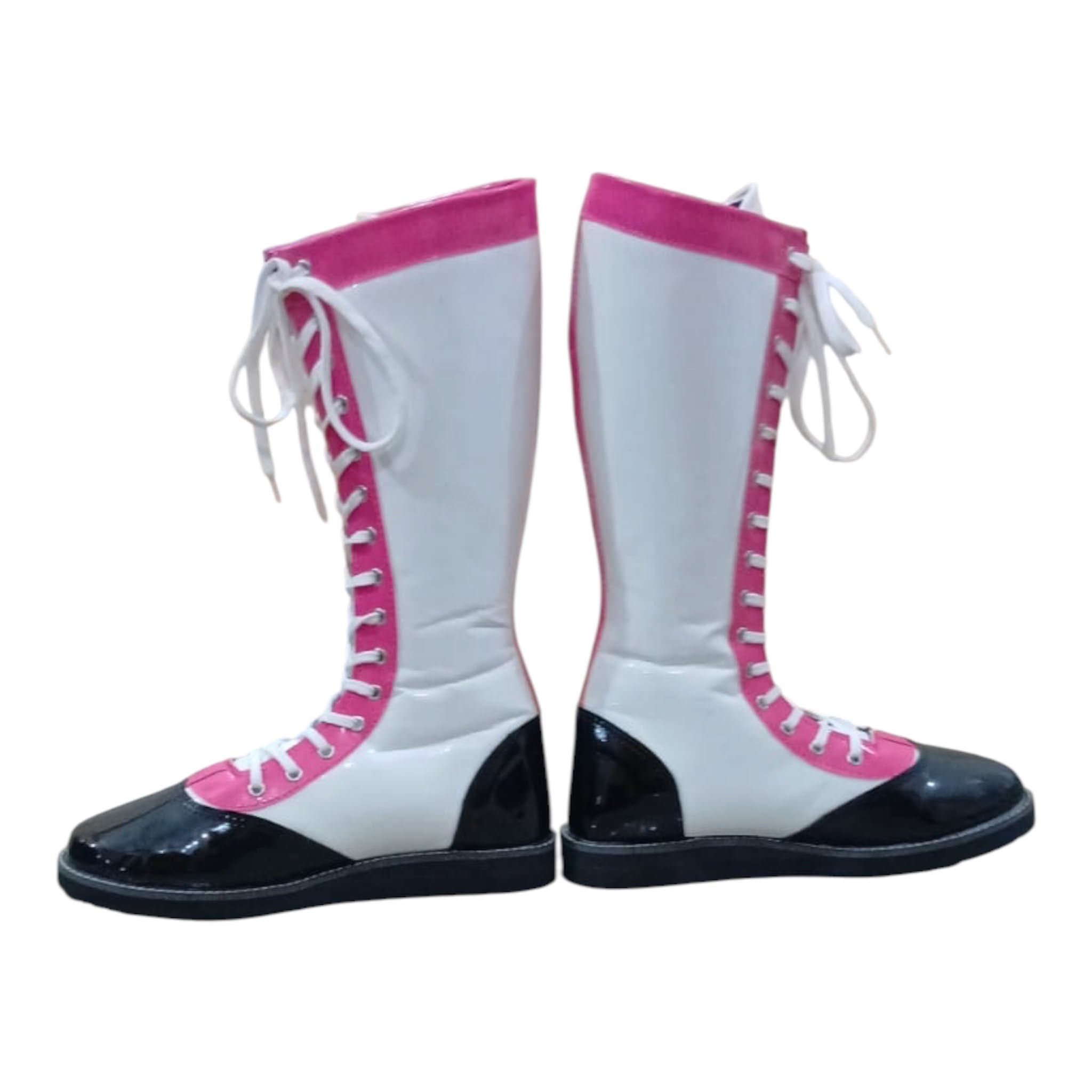 Pro Wrestling Boots, Handmade , Patent Leather, Pink, White & Black Custom Logo