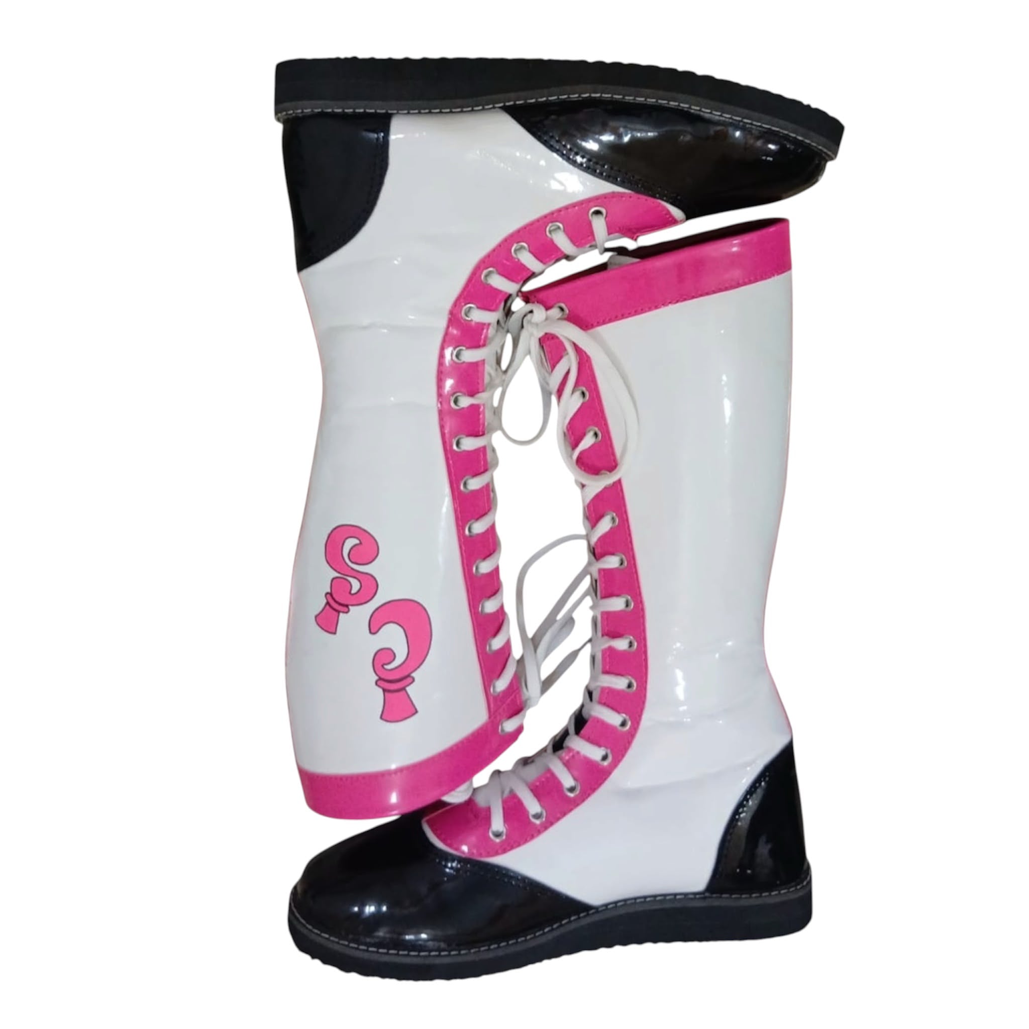 Pro Wrestling Boots, Handmade , Patent Leather, Pink, White & Black Custom Logo