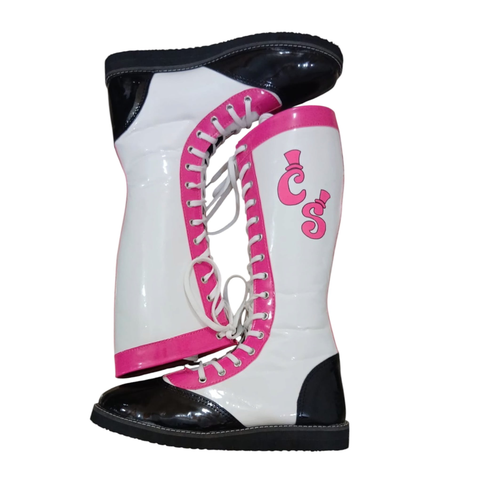 Pro Wrestling Boots, Handmade , Patent Leather, Pink, White & Black Custom Logo