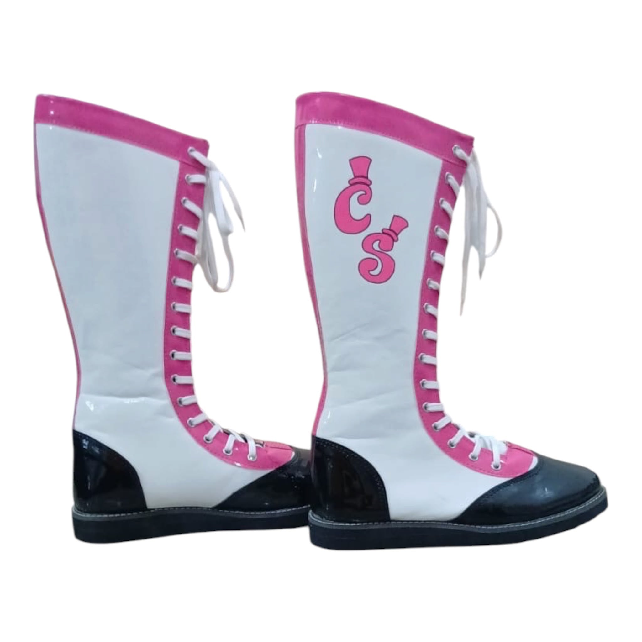 Pro Wrestling Boots, Handmade , Patent Leather, Pink, White & Black Custom Logo