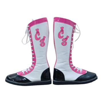 Pro Wrestling Boots, Handmade , Patent Leather, Pink, White & Black Custom Logo