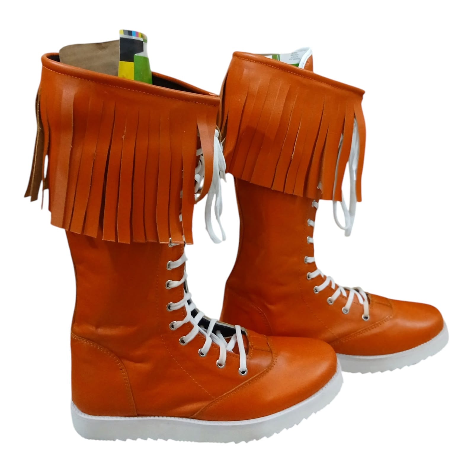 Pro Wrestling Boots  , Handmade, 100% Original Leather, Orange Fringes style