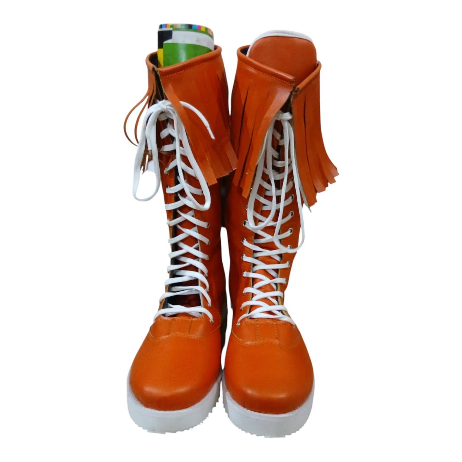 Pro Wrestling Boots  , Handmade, 100% Original Leather, Orange Fringes style