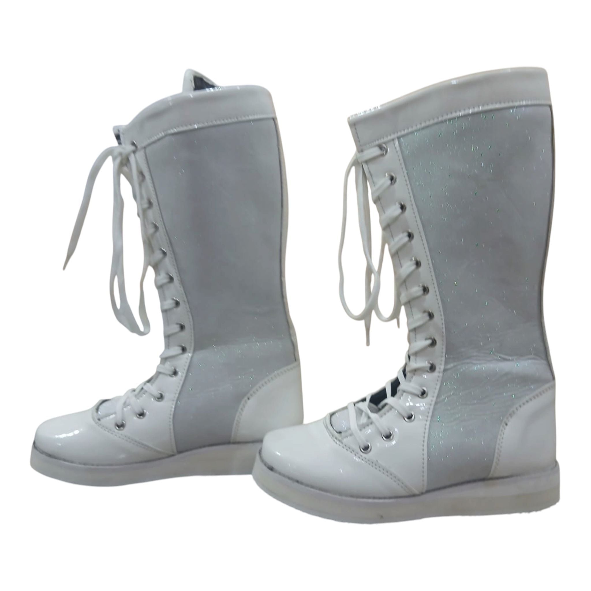 Wrestling Boots, Handmade, 100% Original Leather, White Patent and White Glitter Color