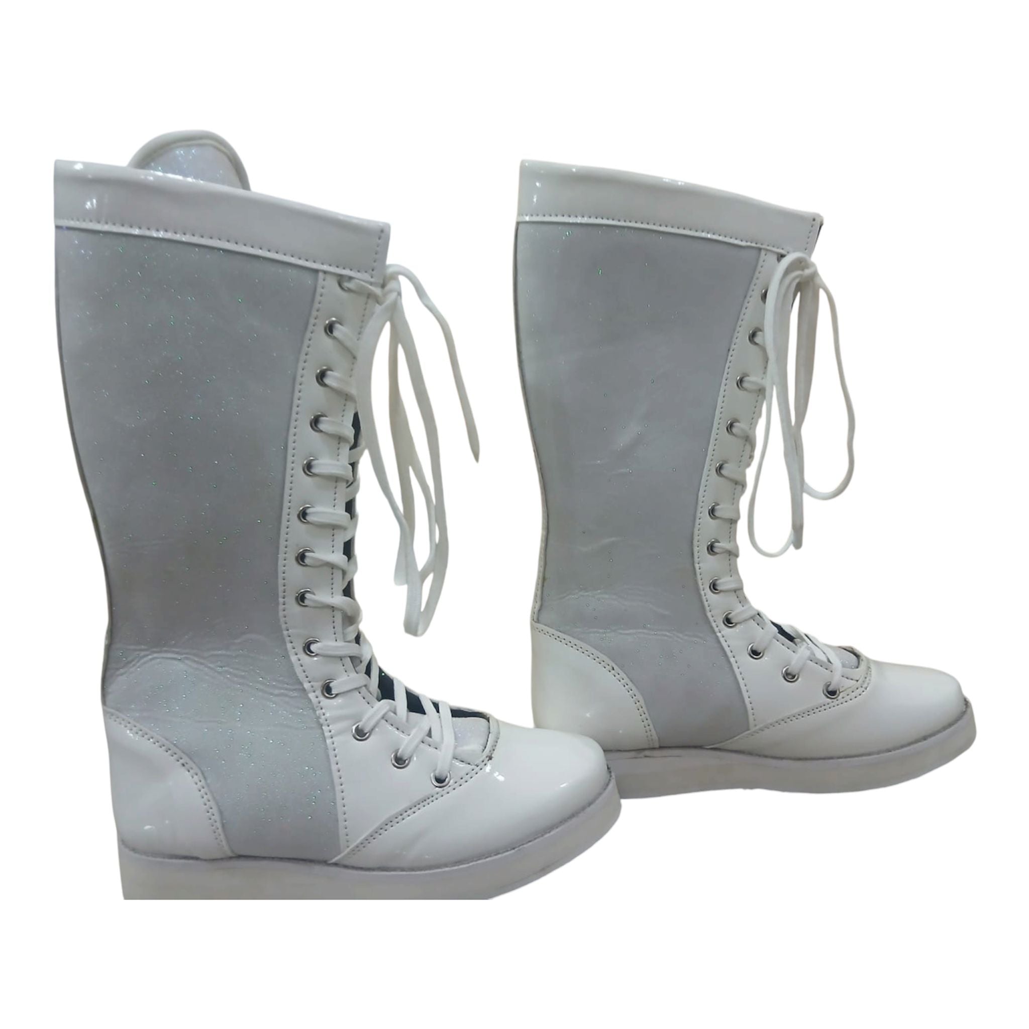 Wrestling Boots, Handmade, 100% Original Leather, White Patent and White Glitter Color