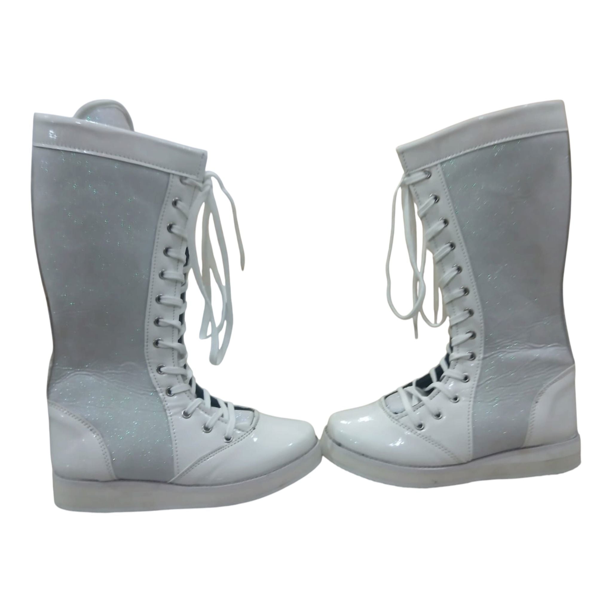 Wrestling Boots, Handmade, 100% Original Leather, White Patent and White Glitter Color