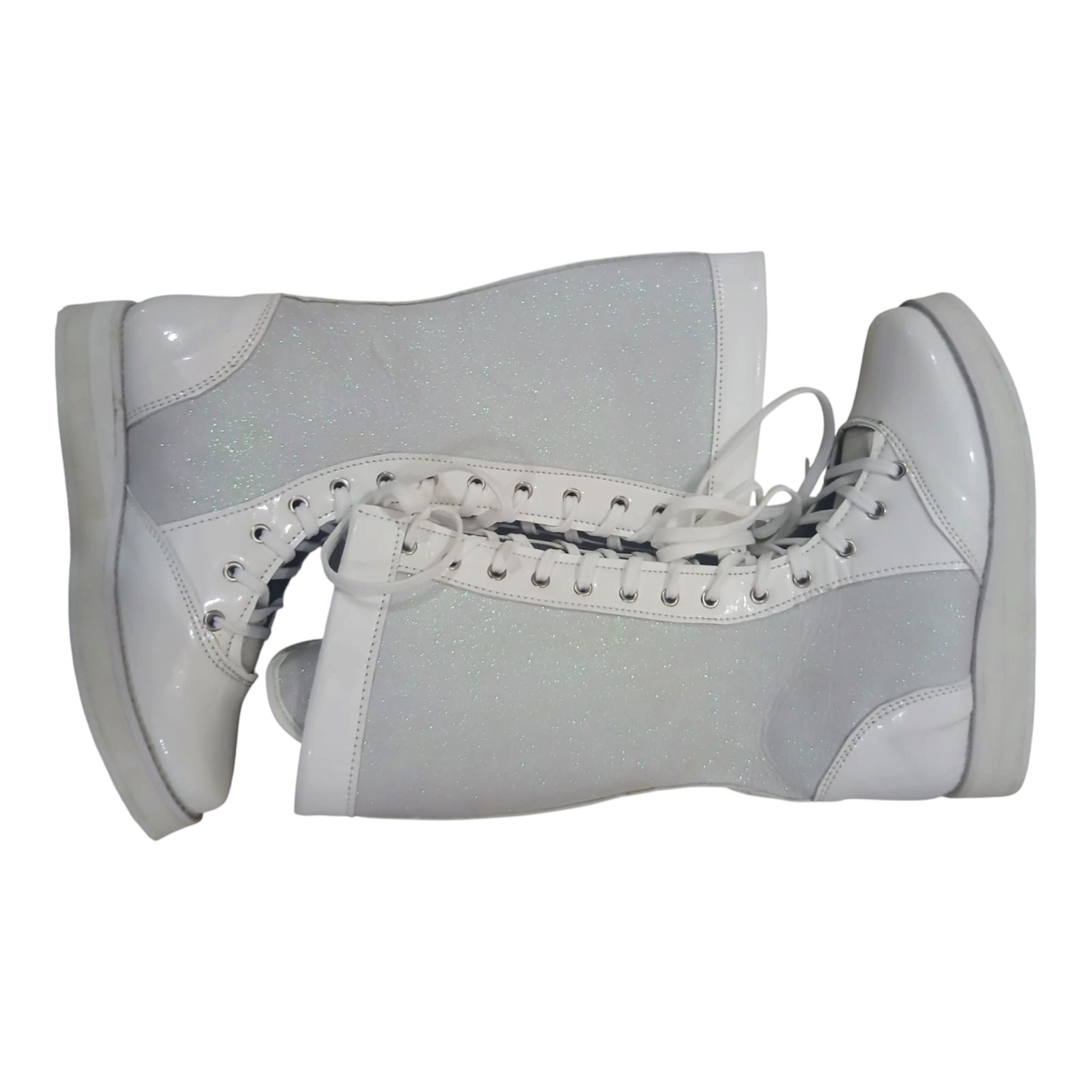 Wrestling Boots, Handmade, 100% Original Leather, White Patent and White Glitter Color