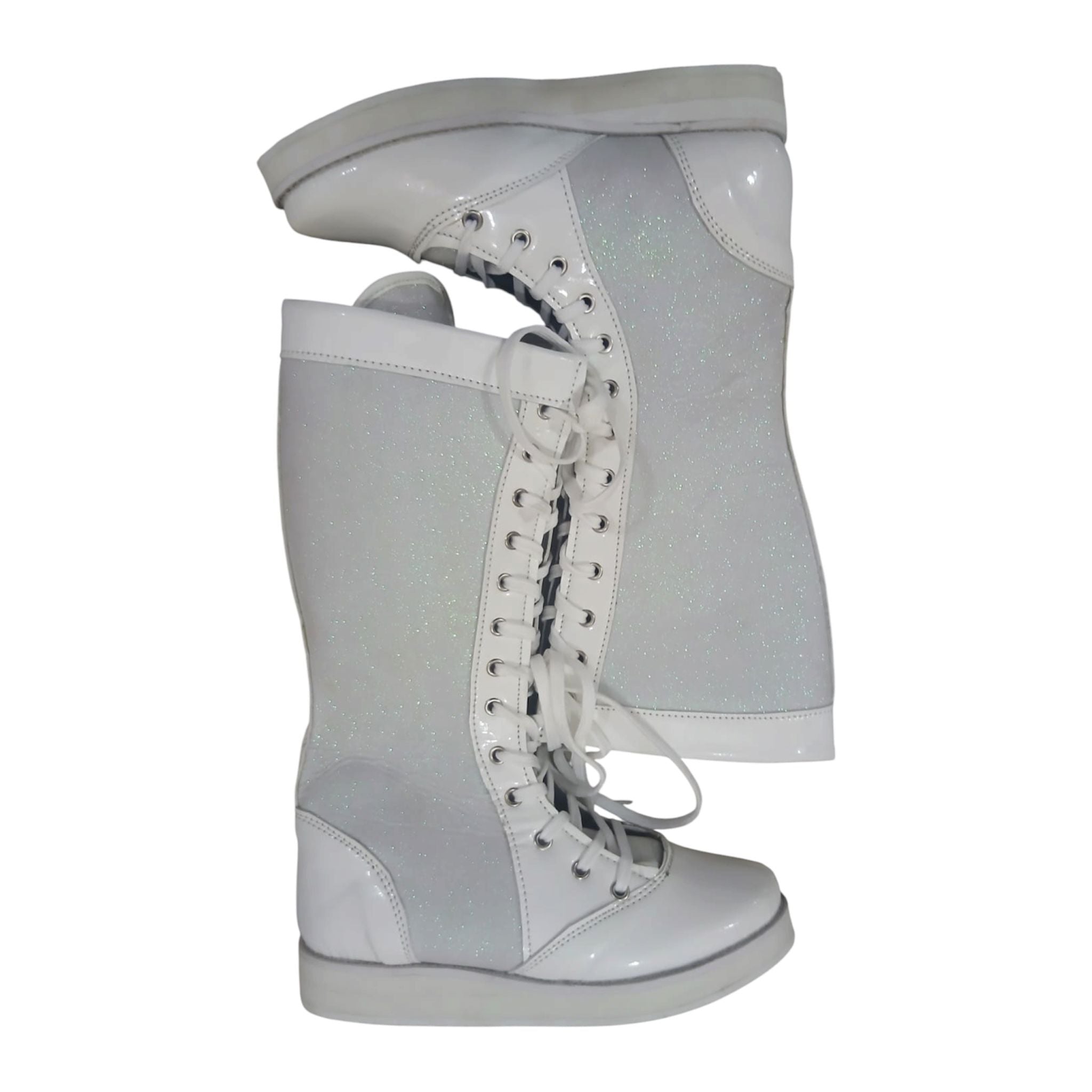 Wrestling Boots, Handmade, 100% Original Leather, White Patent and White Glitter Color