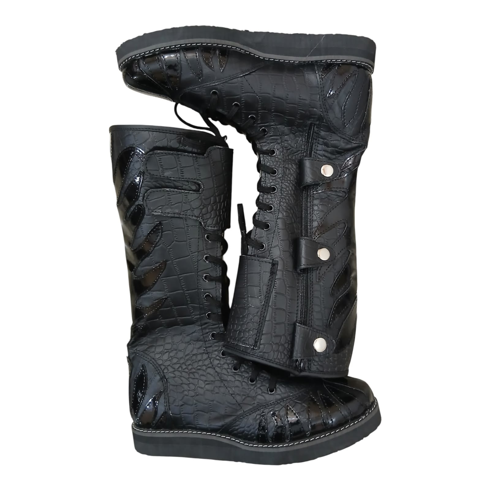 Pro Stoei Lang Stewels, Handgemaak, 100% Oorspronklike Leer, swart Crocs-patroonleer, wit vuurontwerp, ritssluiter met gespe