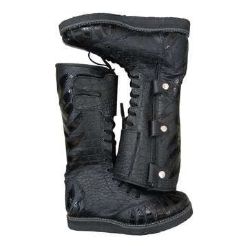 Pro Stoei Lang Stewels, Handgemaak, 100% Oorspronklike Leer, swart Crocs-patroonleer, wit vuurontwerp, ritssluiter met gespe