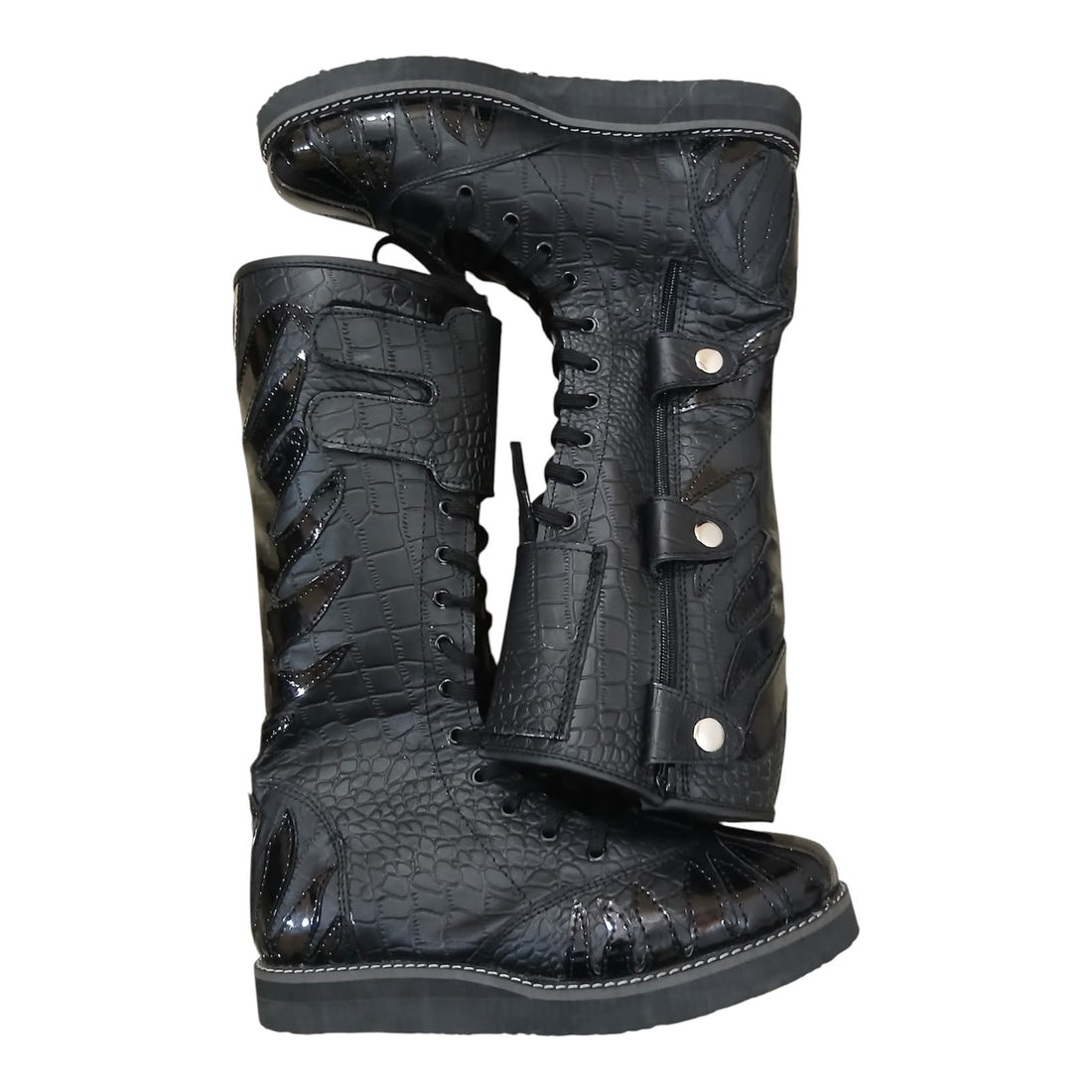 Pro Stoei Lang Stewels, Handgemaak, 100% Oorspronklike Leer, swart Crocs-patroonleer, wit vuurontwerp, ritssluiter met gespe