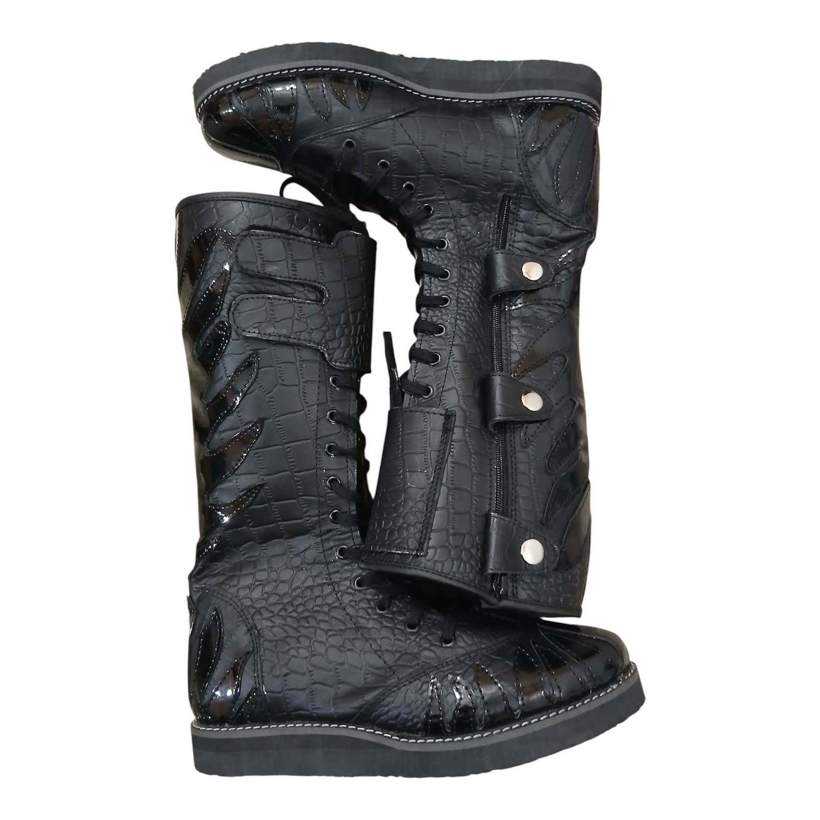 Pro Stoei Lang Stewels, Handgemaak, 100% Oorspronklike Leer, swart Crocs-patroonleer, wit vuurontwerp, ritssluiter met gespe