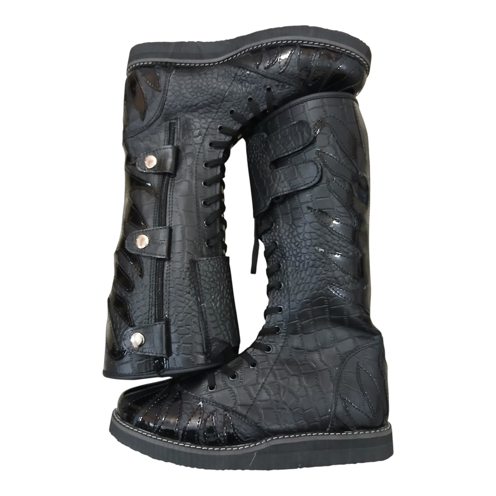 Pro Stoei Lang Stewels, Handgemaak, 100% Oorspronklike Leer, swart Crocs-patroonleer, wit vuurontwerp, ritssluiter met gespe