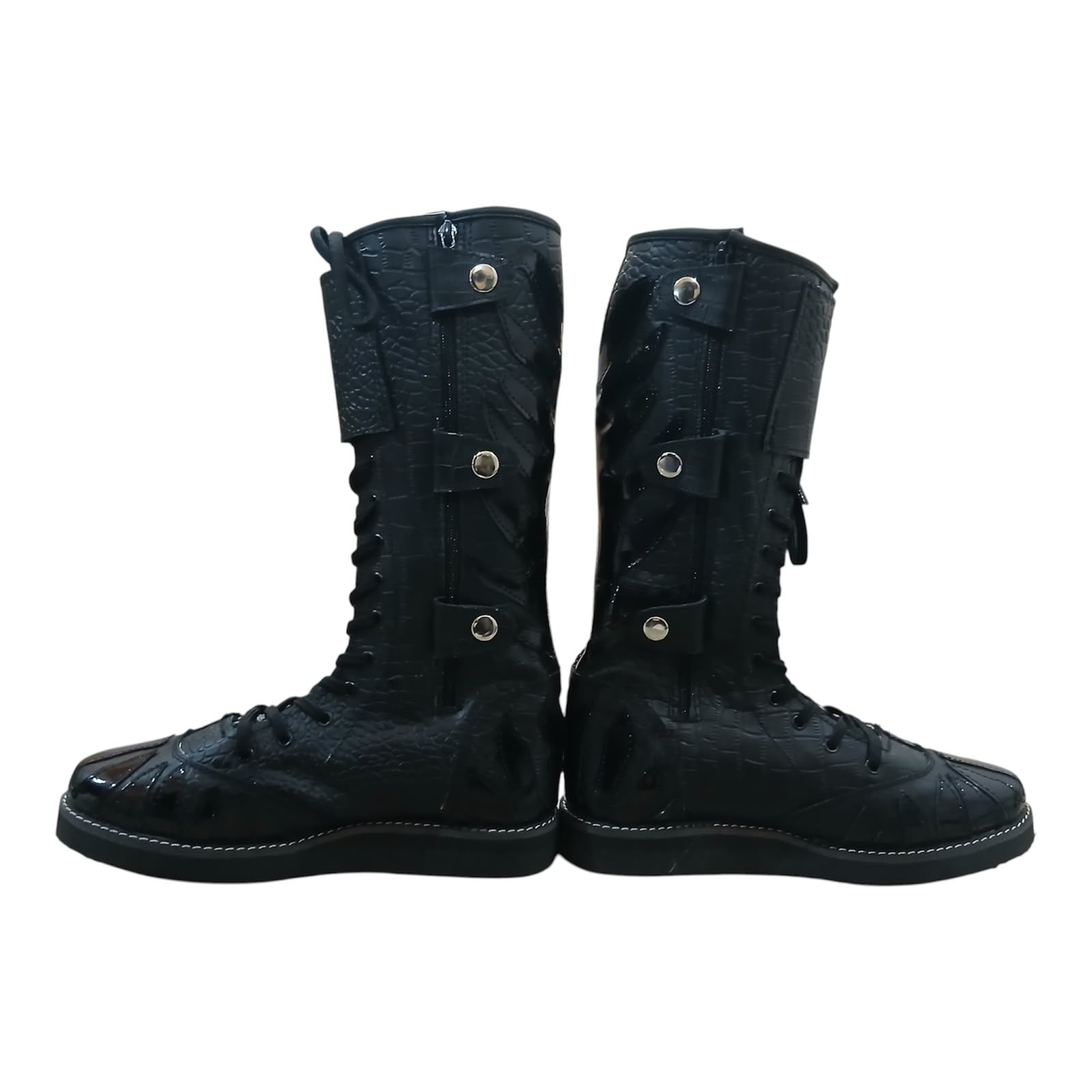 Pro Stoei Lang Stewels, Handgemaak, 100% Oorspronklike Leer, swart Crocs-patroonleer, wit vuurontwerp, ritssluiter met gespe