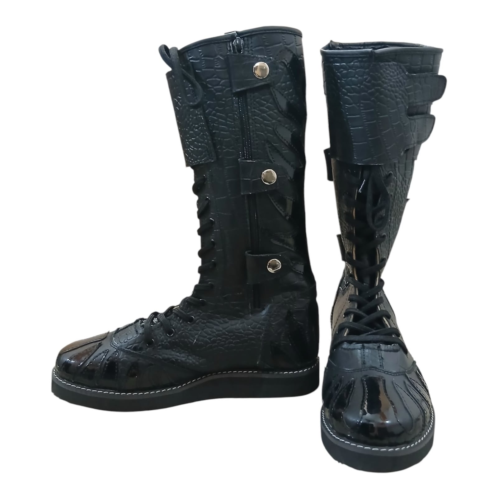 Pro Stoei Lang Stewels, Handgemaak, 100% Oorspronklike Leer, swart Crocs-patroonleer, wit vuurontwerp, ritssluiter met gespe
