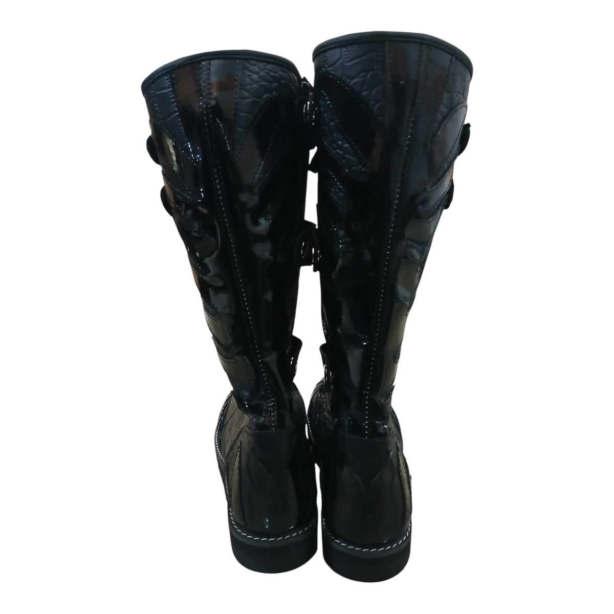 Pro Stoei Lang Stewels, Handgemaak, 100% Oorspronklike Leer, swart Crocs-patroonleer, wit vuurontwerp, ritssluiter met gespe