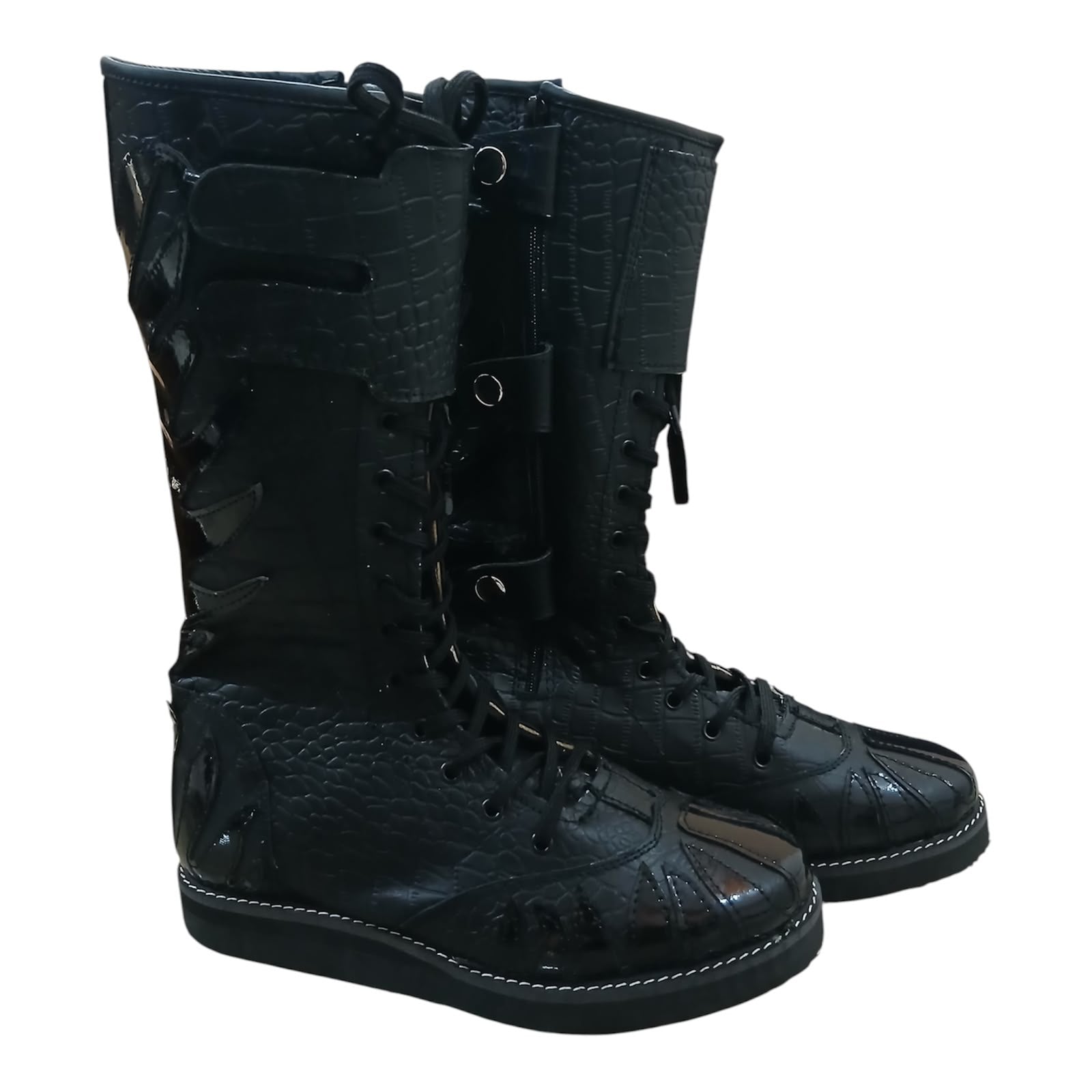 Pro Stoei Lang Stewels, Handgemaak, 100% Oorspronklike Leer, swart Crocs-patroonleer, wit vuurontwerp, ritssluiter met gespe