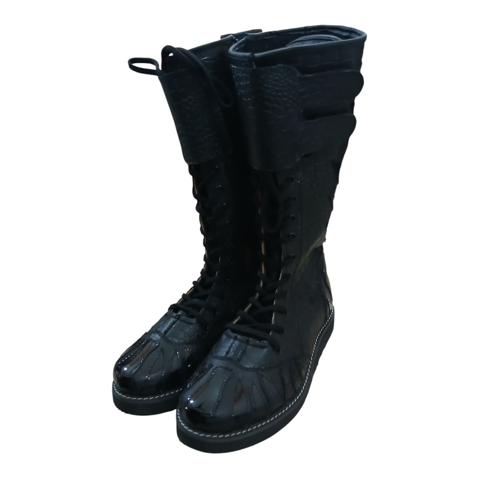 Pro Stoei Lang Stewels, Handgemaak, 100% Oorspronklike Leer, swart Crocs-patroonleer, wit vuurontwerp, ritssluiter met gespe