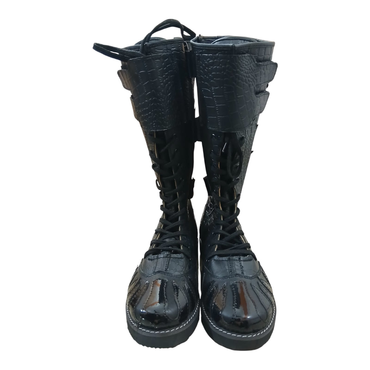 Pro Stoei Lang Stewels, Handgemaak, 100% Oorspronklike Leer, swart Crocs-patroonleer, wit vuurontwerp, ritssluiter met gespe