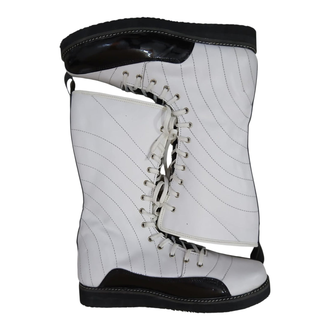 Pro Stoei Lang Stewels, Handgemaak, 100% Oorspronklike Leer, swart Crocs-patroonleer, wit vuurontwerp, ritssluiter met gespe