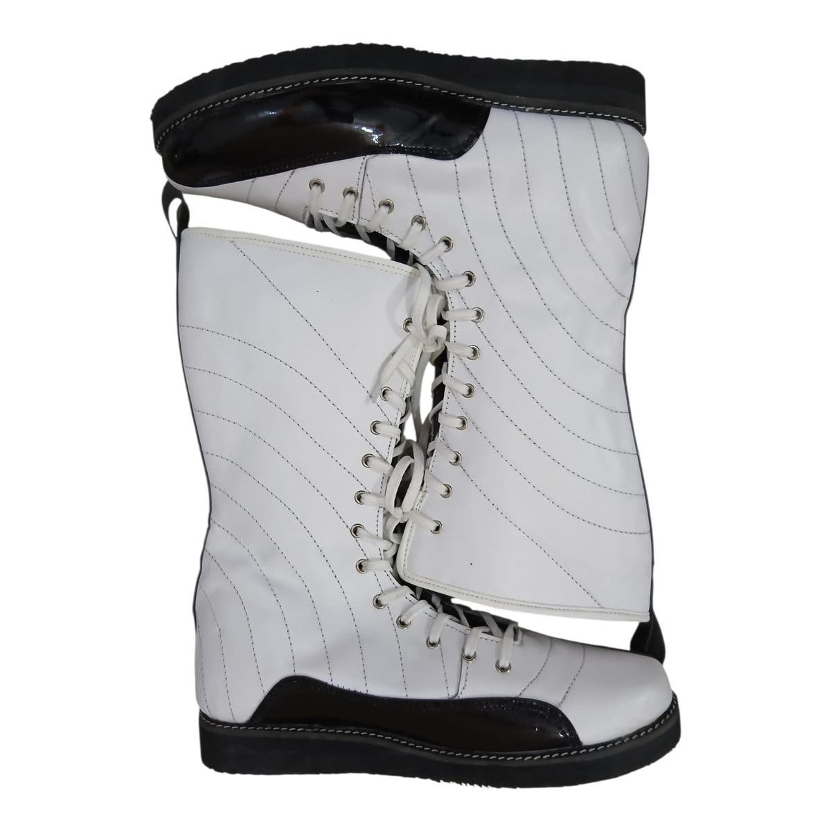 Pro Stoei Lang Stewels, Handgemaak, 100% Oorspronklike Leer, swart Crocs-patroonleer, wit vuurontwerp, ritssluiter met gespe
