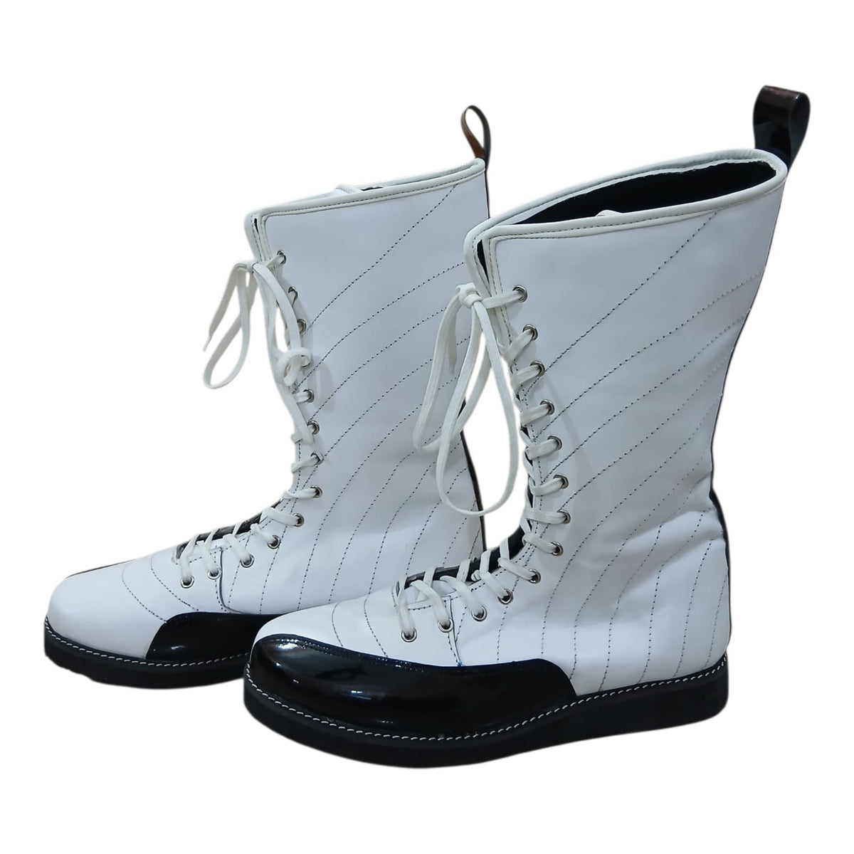 Pro Stoei Lang Stewels, Handgemaak, 100% Oorspronklike Leer, swart Crocs-patroonleer, wit vuurontwerp, ritssluiter met gespe