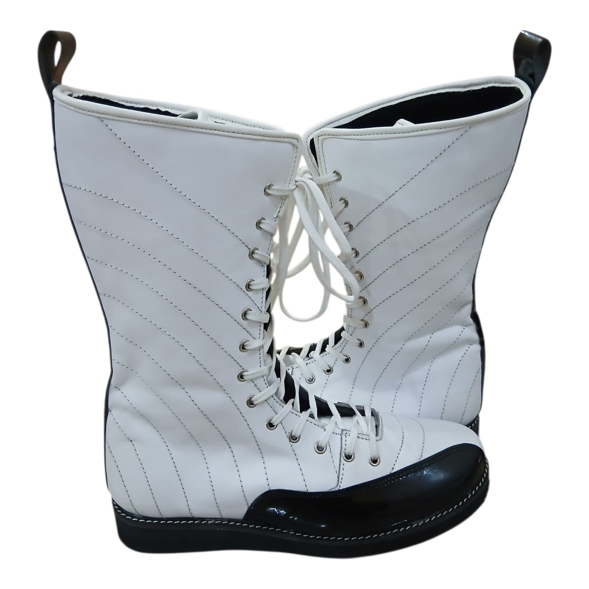 Pro Stoei Lang Stewels, Handgemaak, 100% Oorspronklike Leer, swart Crocs-patroonleer, wit vuurontwerp, ritssluiter met gespe