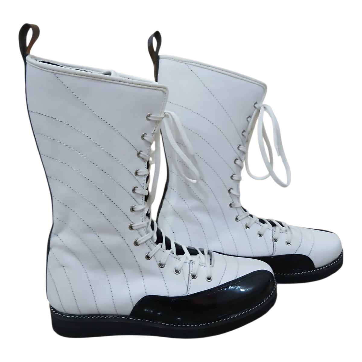 Pro Stoei Lang Stewels, Handgemaak, 100% Oorspronklike Leer, swart Crocs-patroonleer, wit vuurontwerp, ritssluiter met gespe