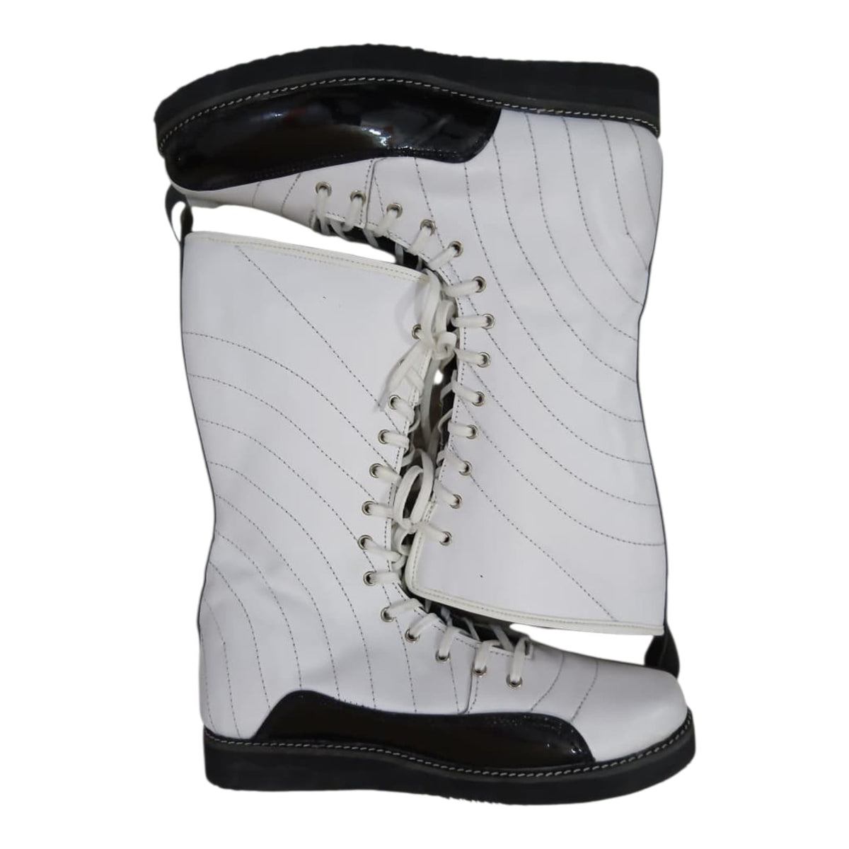 Pro Stoei Lang Stewels, Handgemaak, 100% Oorspronklike Leer, swart Crocs-patroonleer, wit vuurontwerp, ritssluiter met gespe