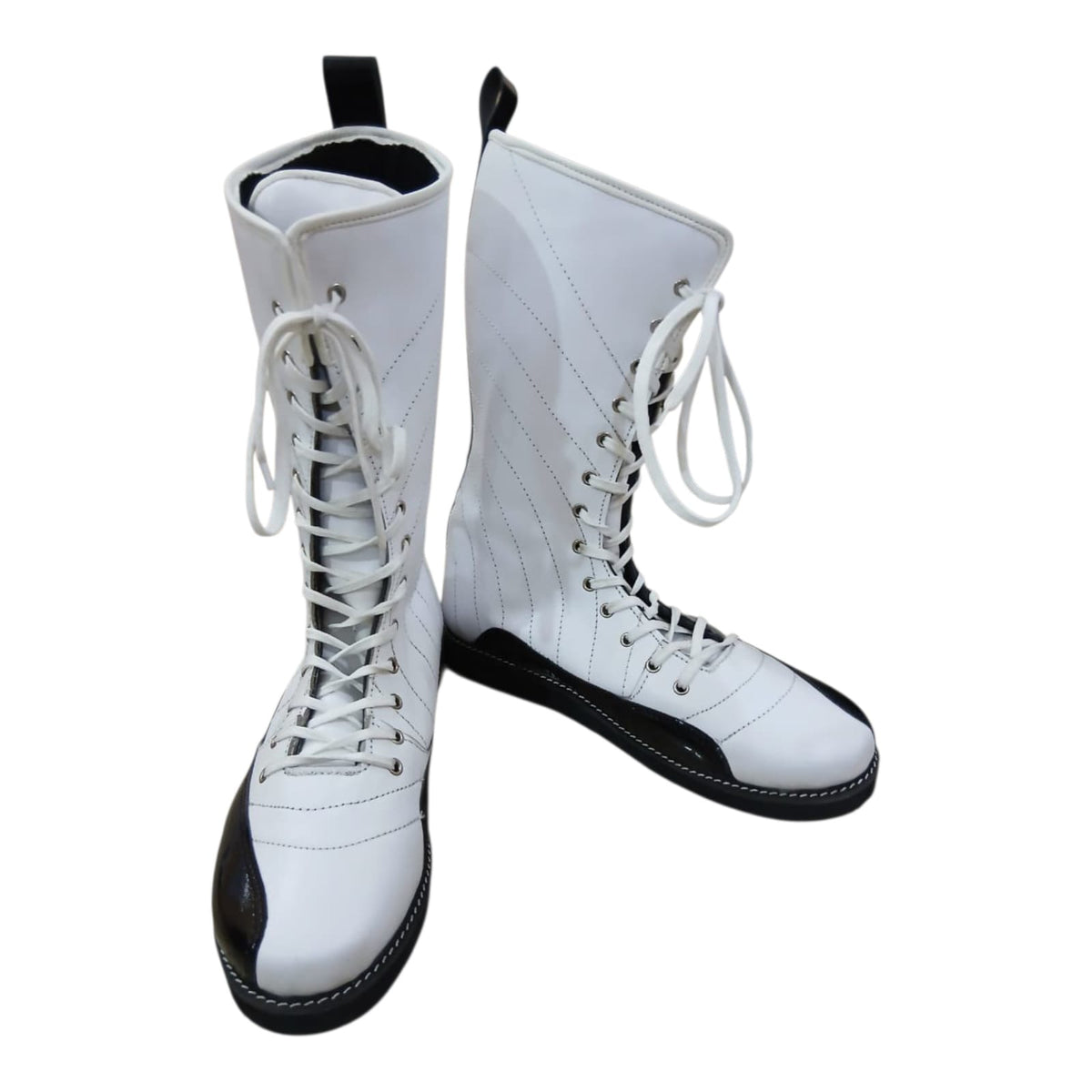 Pro Stoei Lang Stewels, Handgemaak, 100% Oorspronklike Leer, swart Crocs-patroonleer, wit vuurontwerp, ritssluiter met gespe