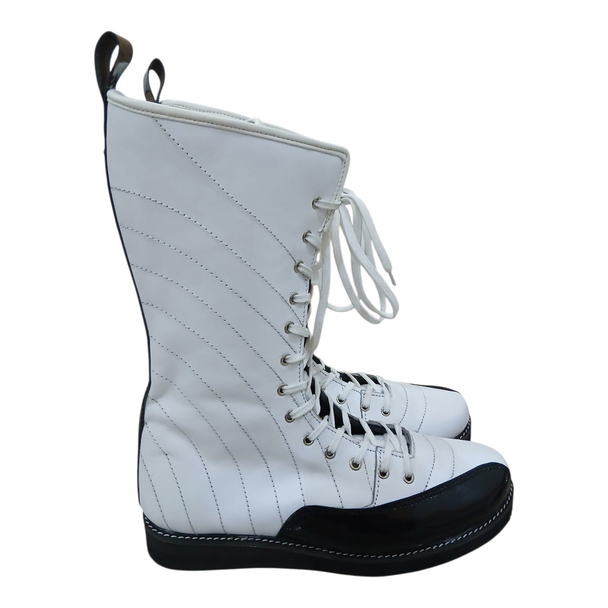 Pro Stoei Lang Stewels, Handgemaak, 100% Oorspronklike Leer, swart Crocs-patroonleer, wit vuurontwerp, ritssluiter met gespe