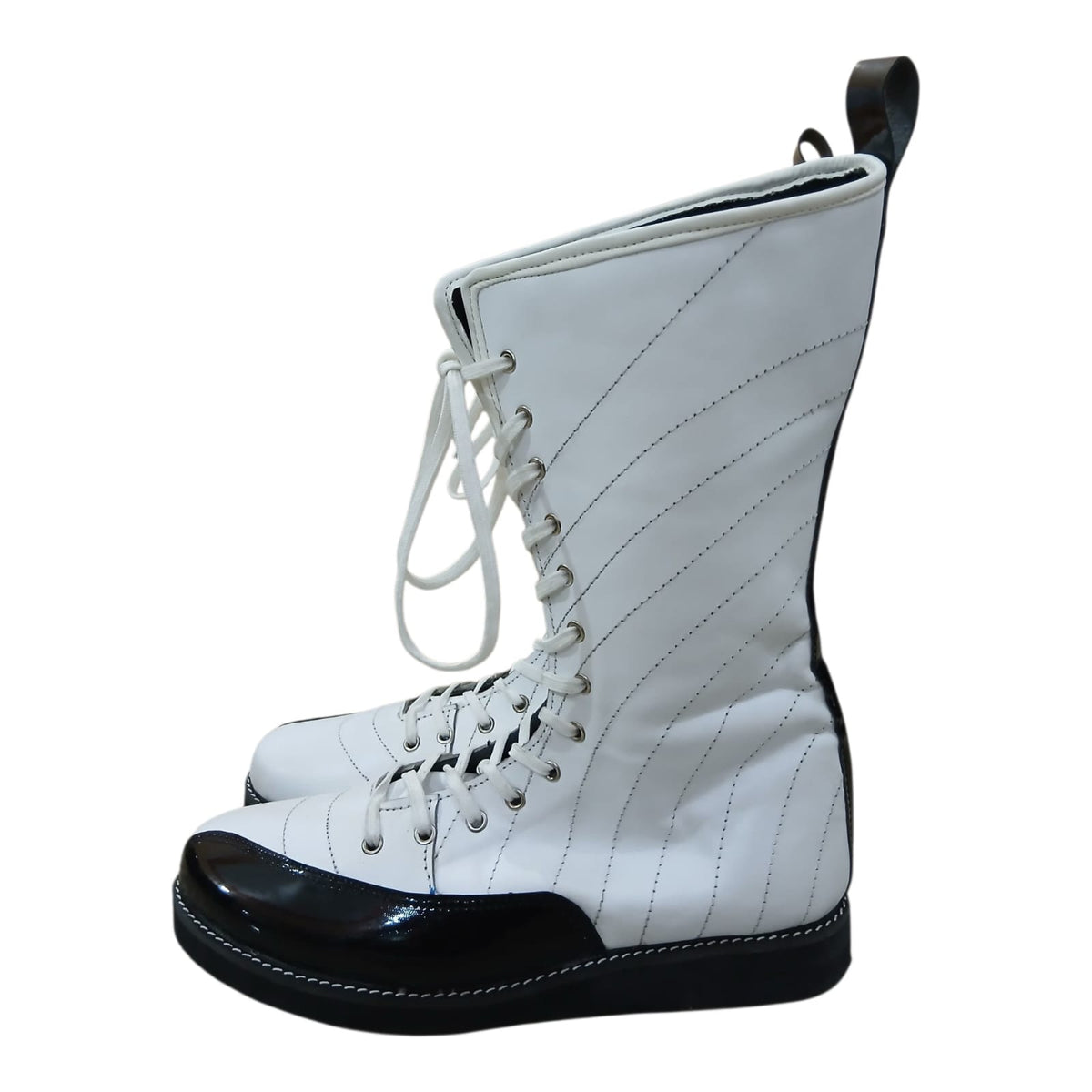 Pro Stoei Lang Stewels, Handgemaak, 100% Oorspronklike Leer, swart Crocs-patroonleer, wit vuurontwerp, ritssluiter met gespe