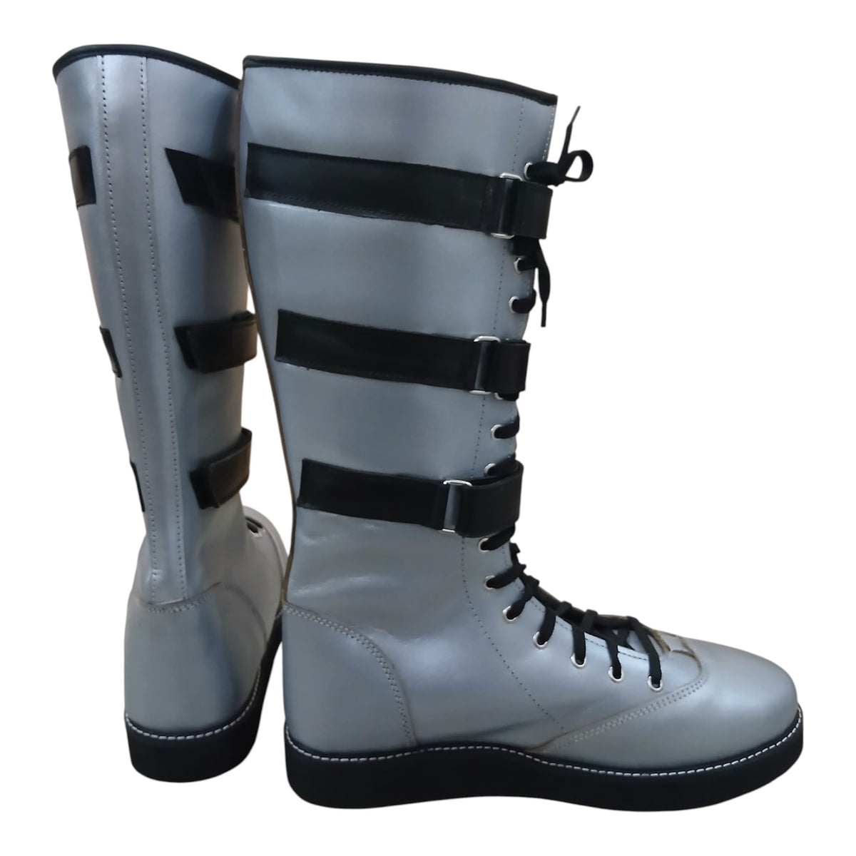 Handmade Leather Pro Wrestling Boots: Silver with Black Straps