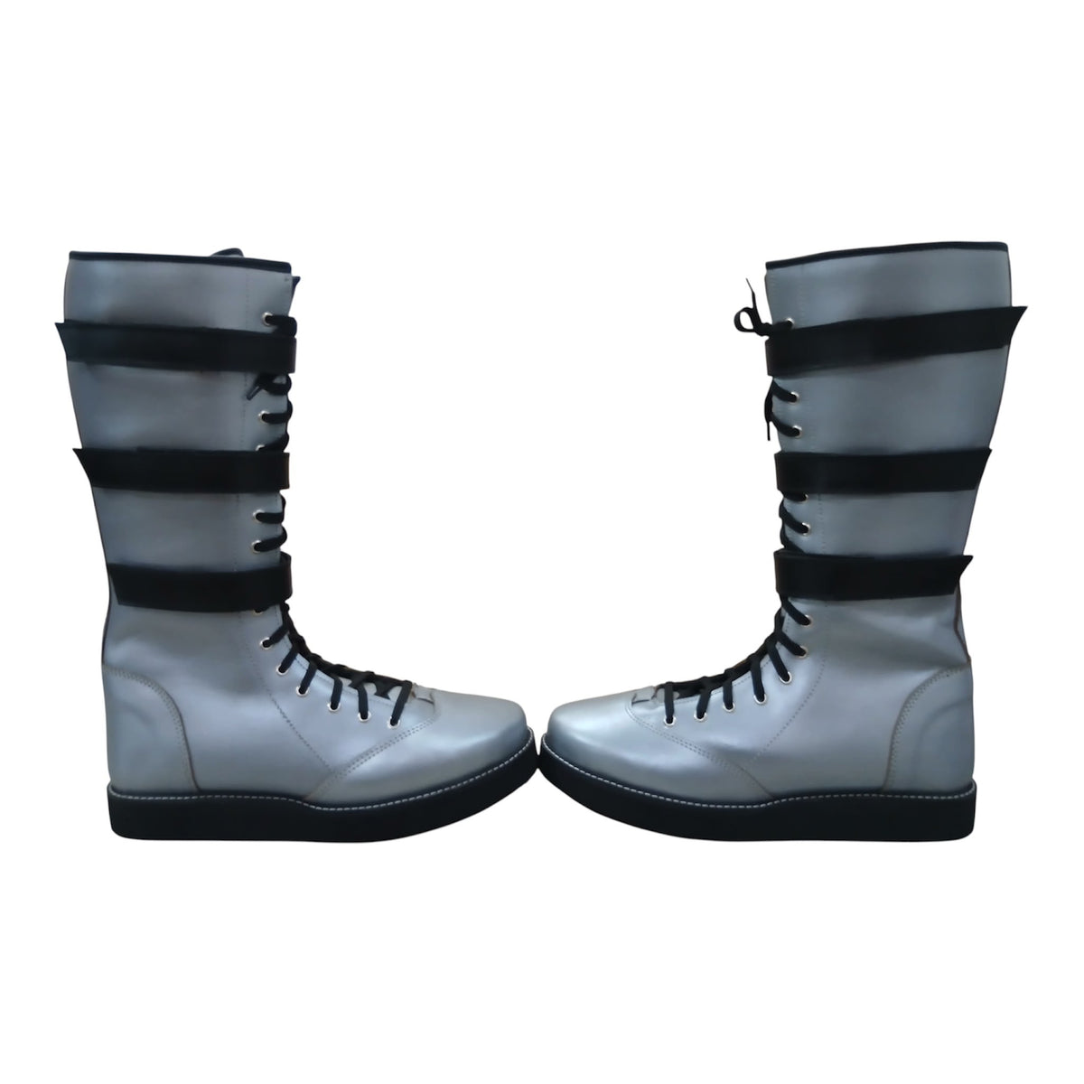 Handmade Leather Pro Wrestling Boots: Silver with Black Straps