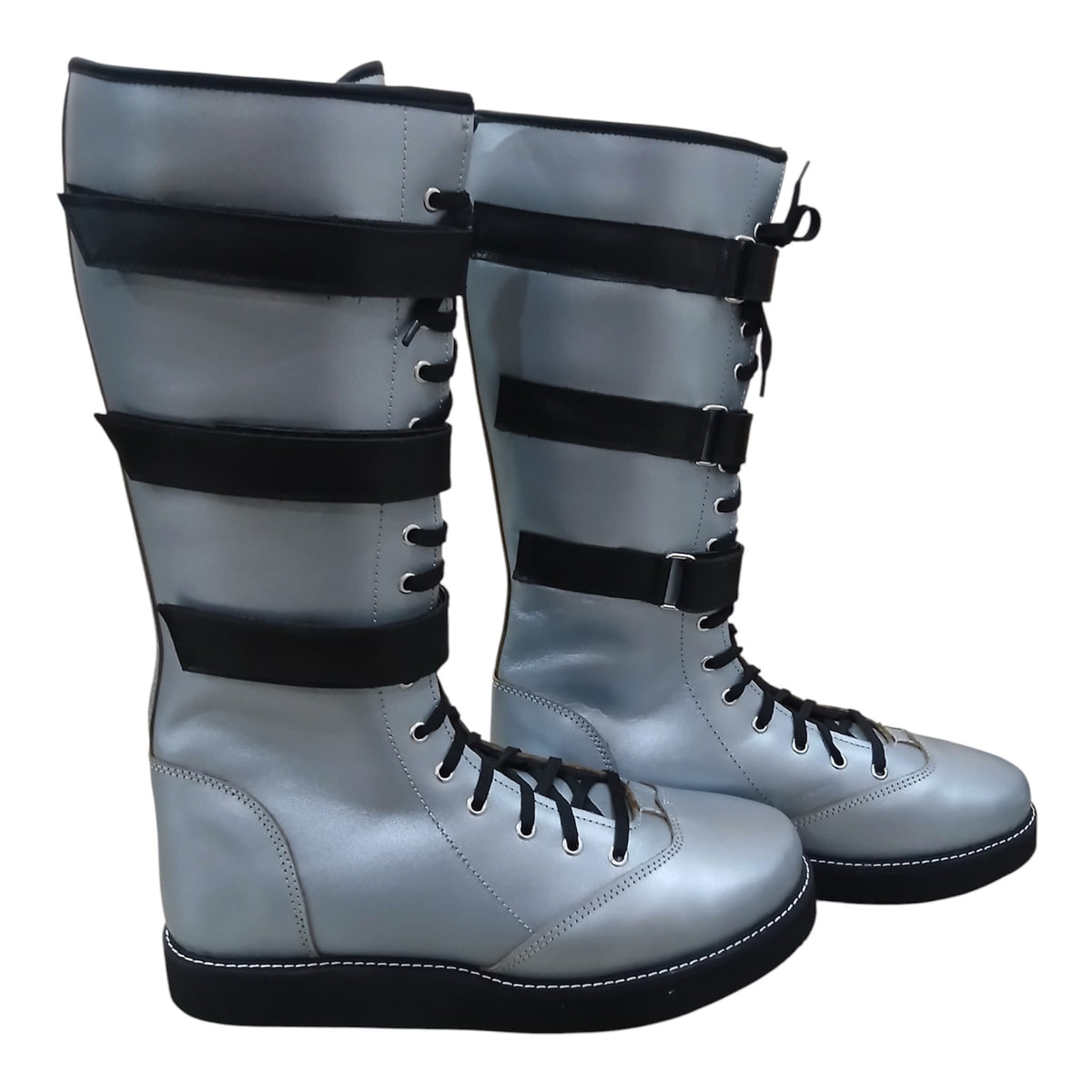 Handmade Leather Pro Wrestling Boots: Silver with Black Straps