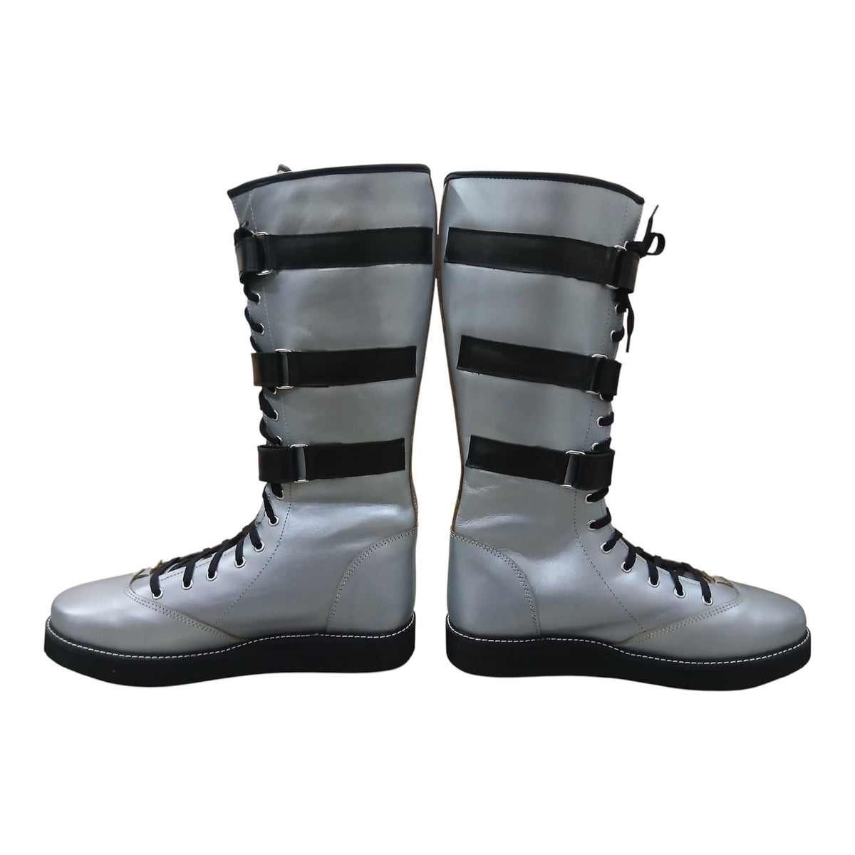 Handmade Leather Pro Wrestling Boots: Silver with Black Straps