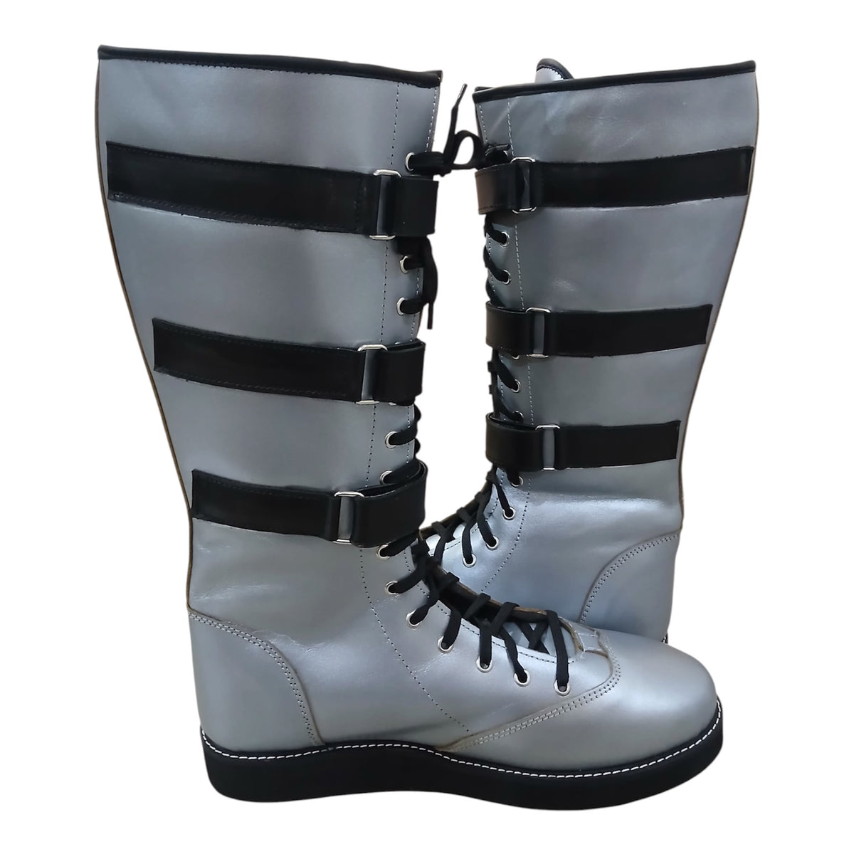 Handmade Leather Pro Wrestling Boots: Silver with Black Straps