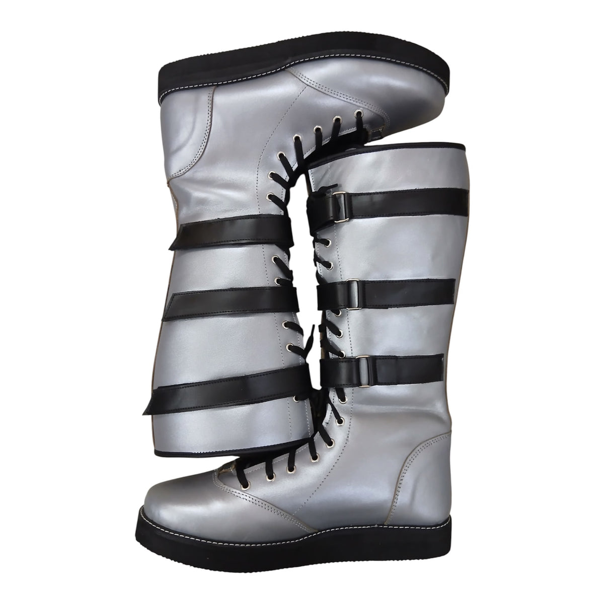 Handmade Leather Pro Wrestling Boots: Silver with Black Straps